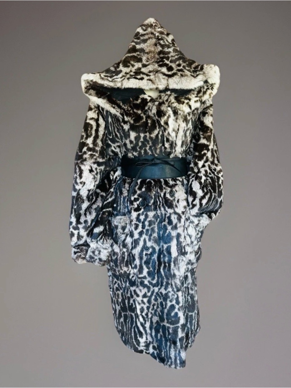 AMAZING & UNIQUE LEOPARD WILDCAT PRINTED RABBIT FUR Reversible Coat Hooded OOAK